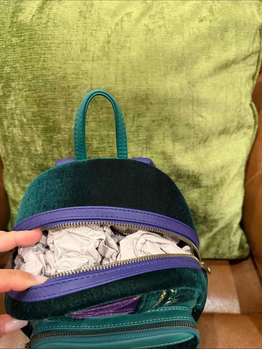 Hocus Pocus Velvet Green and Purple Mini Loungefly Backpack with Gold Embroidery